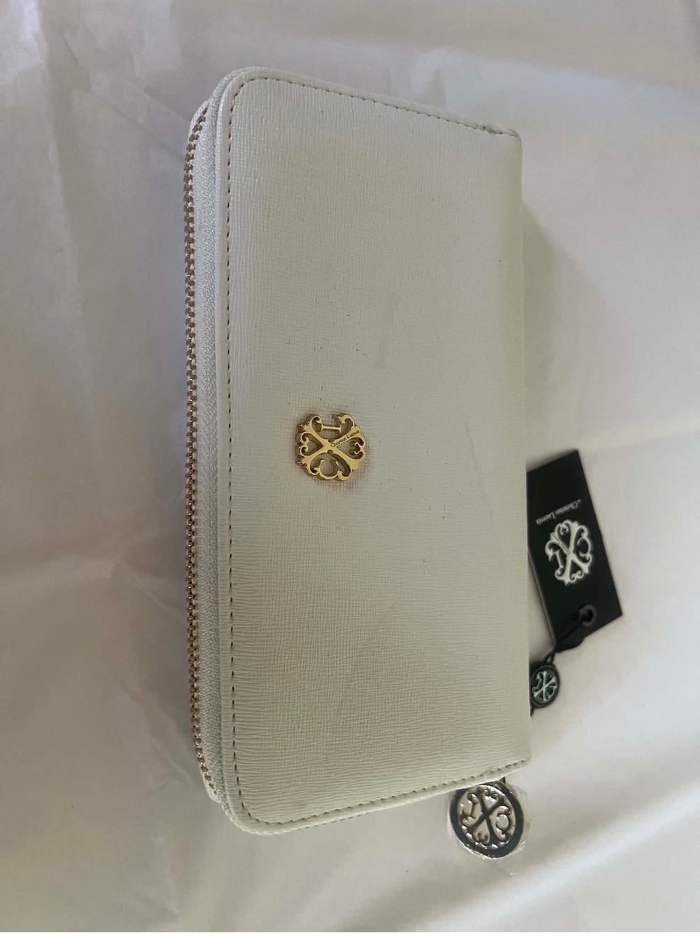 Christian Lacroix White Zip Wallet with Gold Emblem